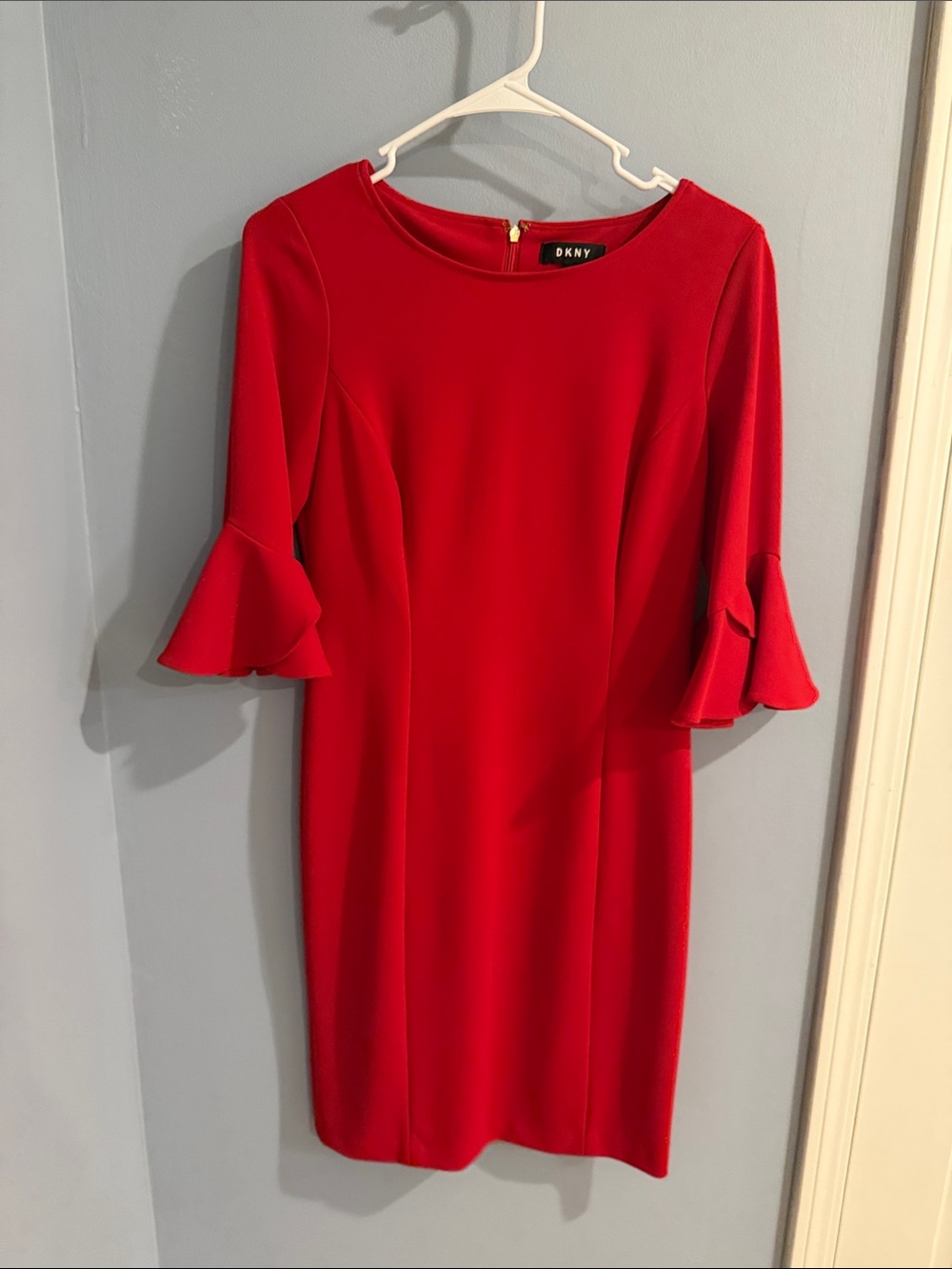 DKNY Red Midi Dress with Ruffle Sleeves
